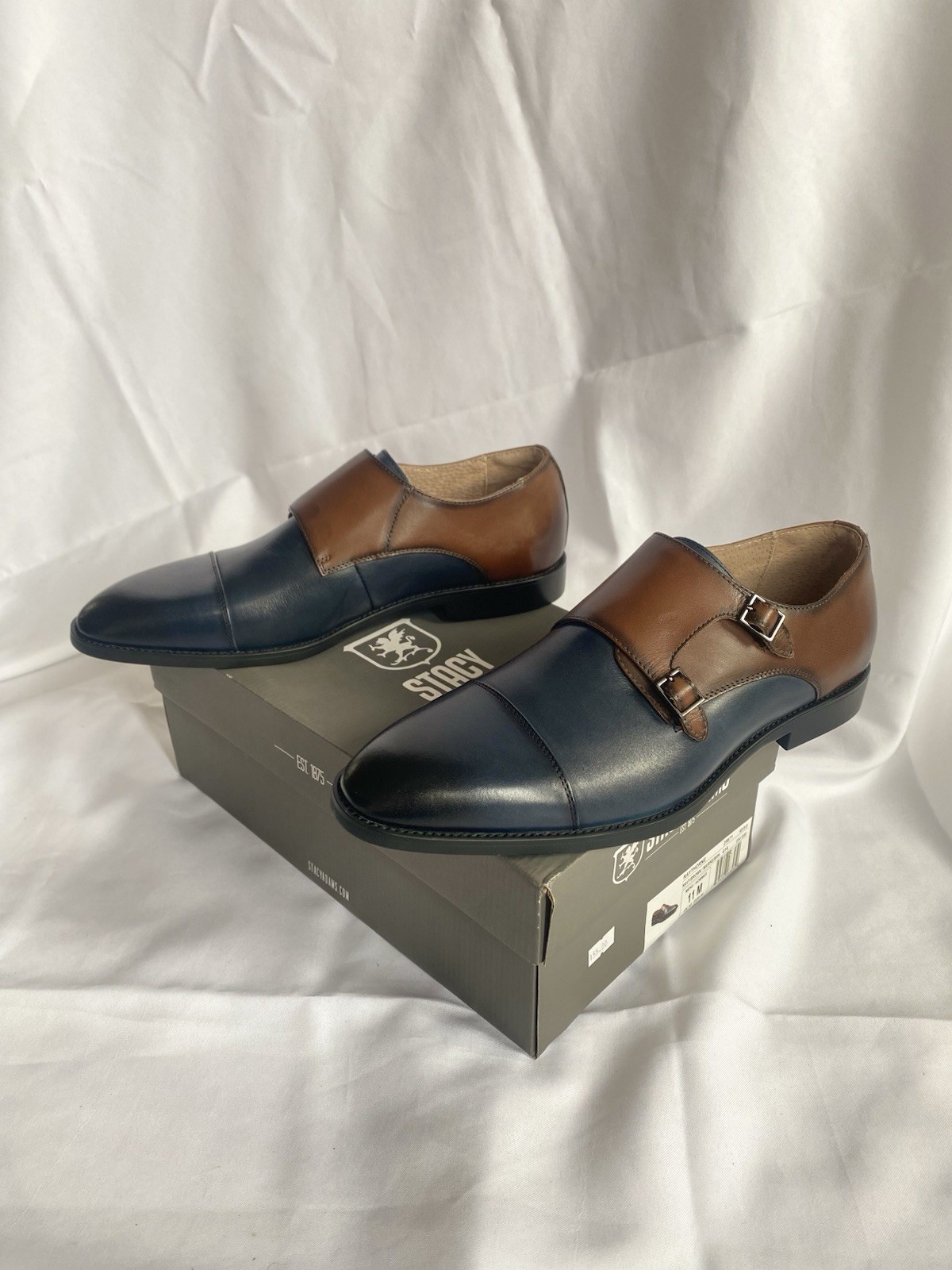 Stacy Adams Raythorne Cap Toe Double Monk Strap Navy Brown Leather Oxford Men 11