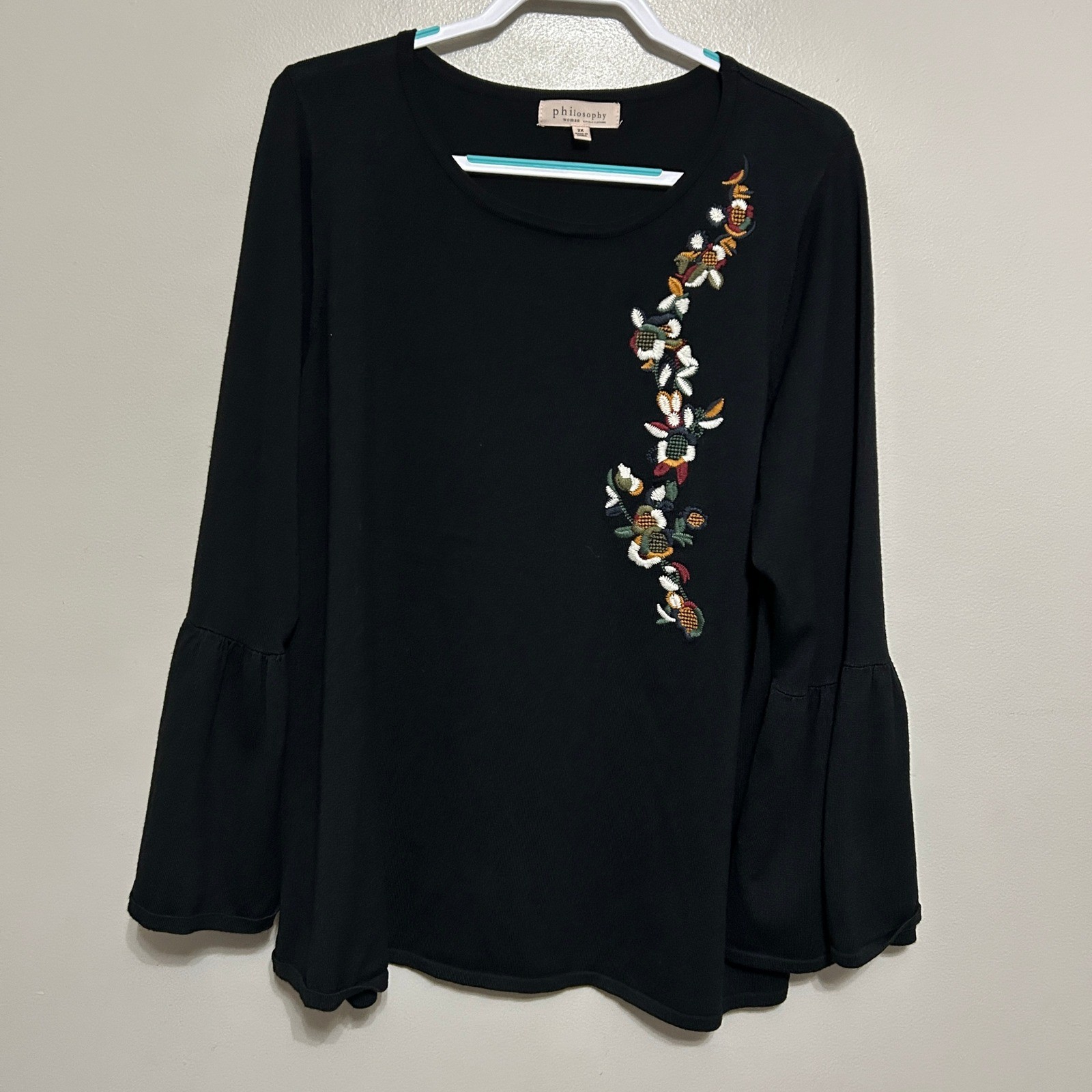 Philosophy Knit Top Womens 2X Black Floral Embroidered Bell Sleeve Cottagecore