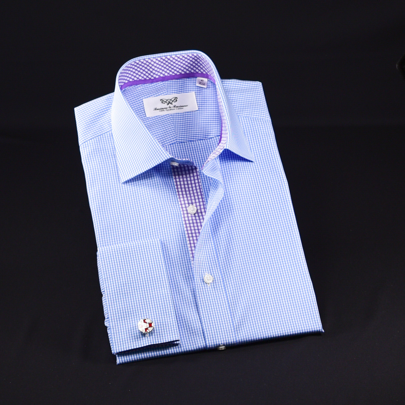 Blue Check on Designer Formal Business Dress Shirt Purple Matching Pattern