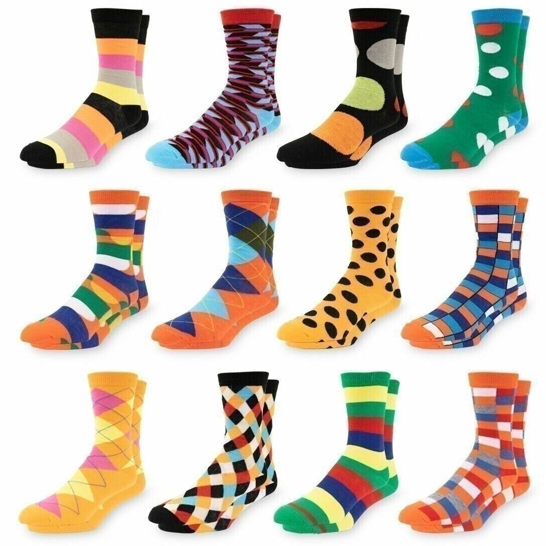 Men’s Dress Socks Size 10-13 Colorful Funky Patterned Crew Socks 12 Pairs