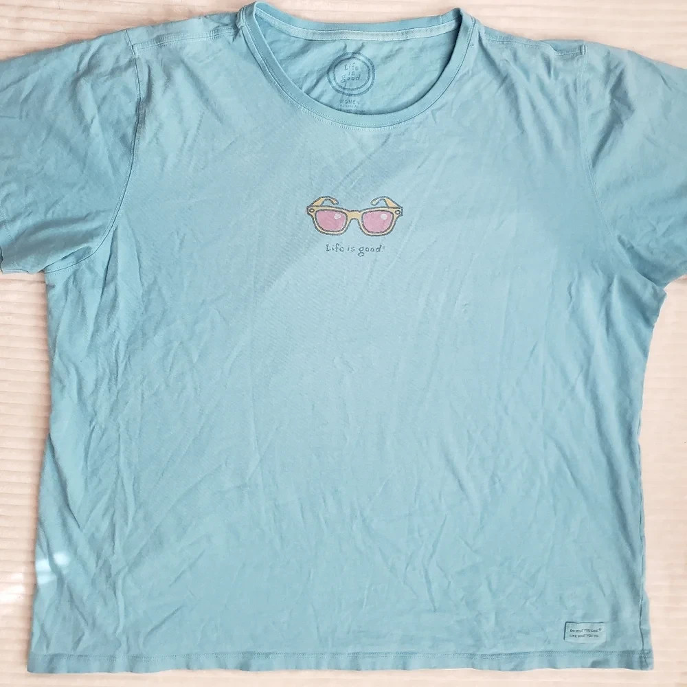 Life Is Good Womens Blue Pink Yellow Crew neck tee Sunglass T Shirt XXL