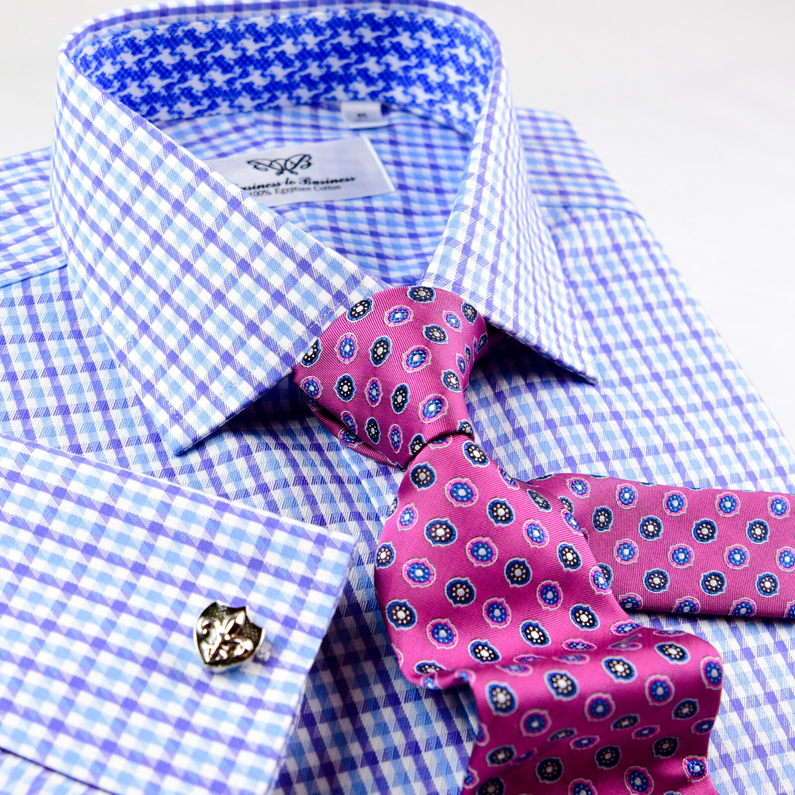 Blue Check Business Dress Shirt Gingham Check Designer Formal Top Fashion Style