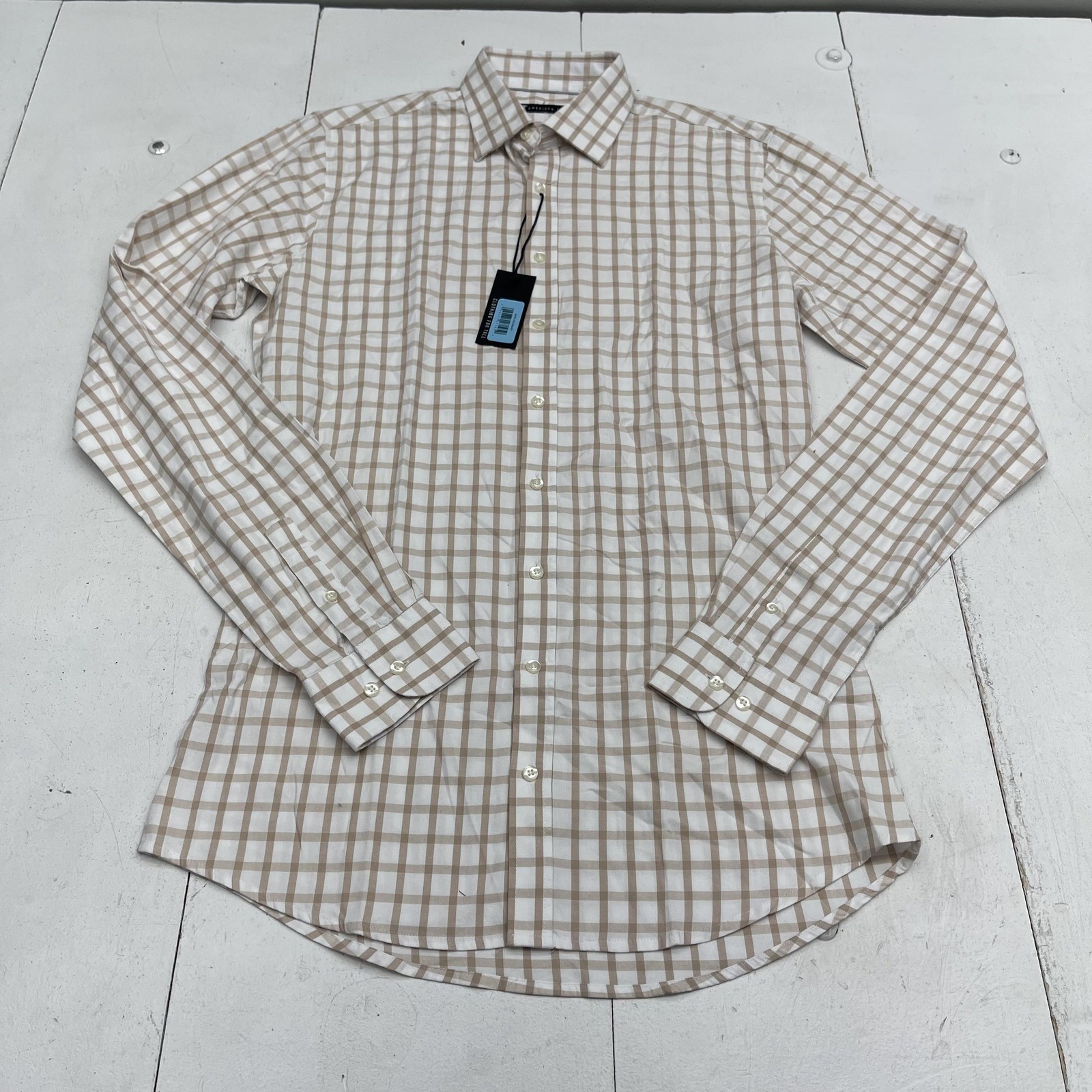 American Tall Shirt Mens Medium Tall Beige White Plaid Dress Button Down Stretch