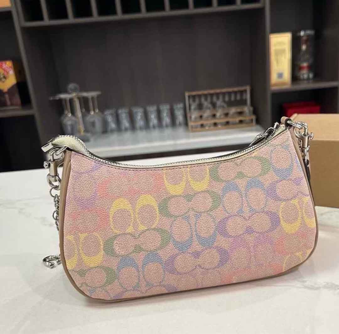 COACH Teri Shoulder Bag In Rainbow Signature Canvas & Leather CDA91 Silver/Sand