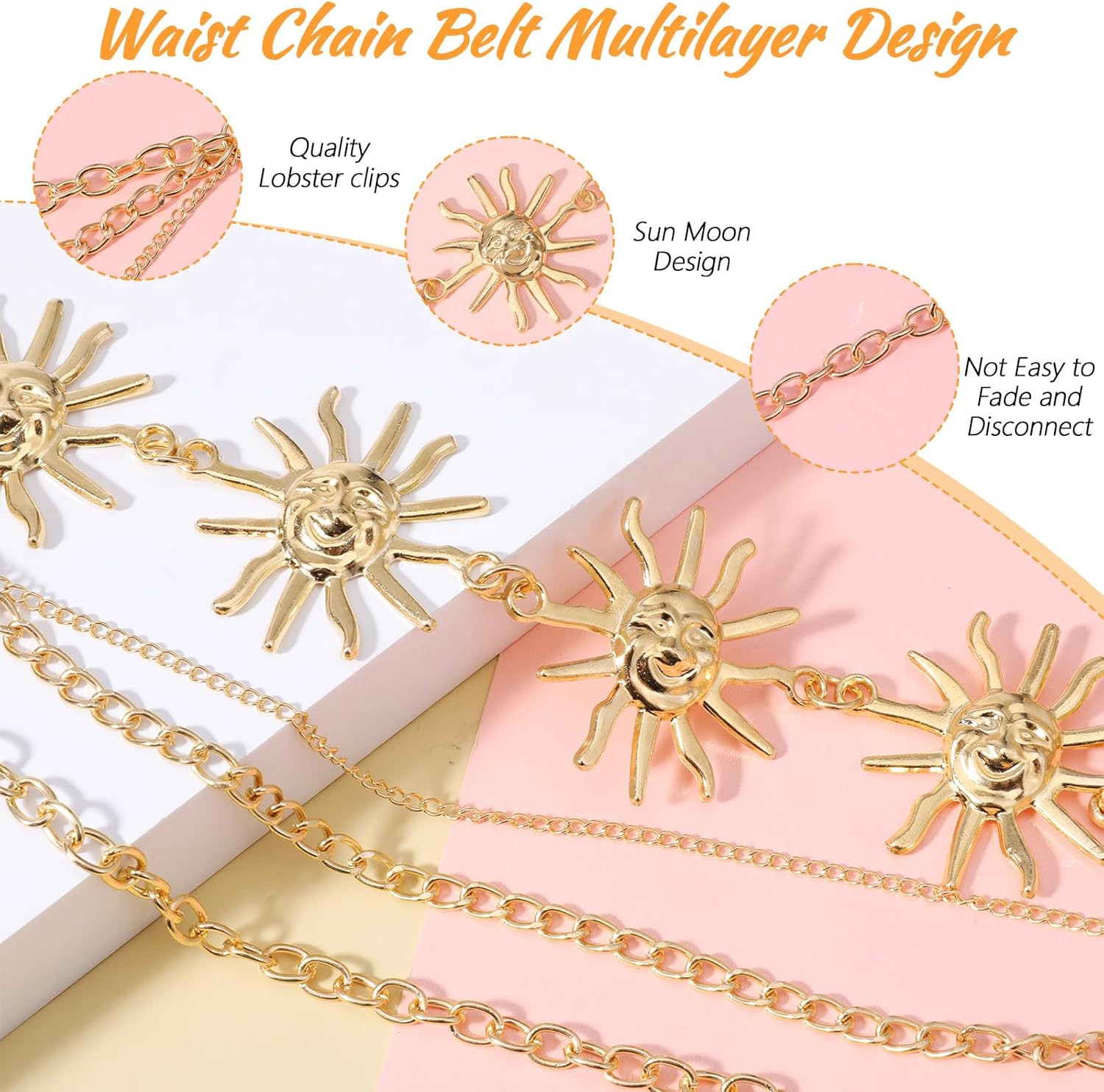 Women Waist Chain Belt Multilayer Metal Belt Gold Sun Adjustable Boho Waist Chai