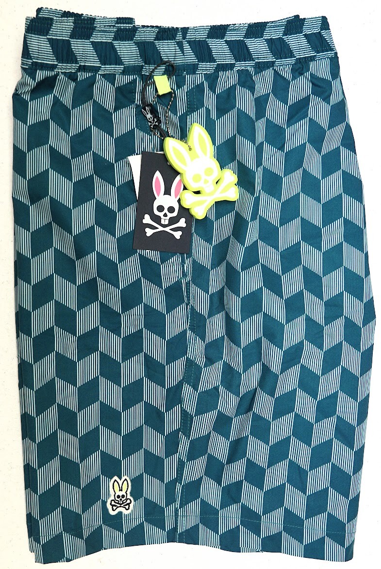 Psycho Bunny Swimsuit Mens Swim Trunks Green Geometric Board Shorts $95