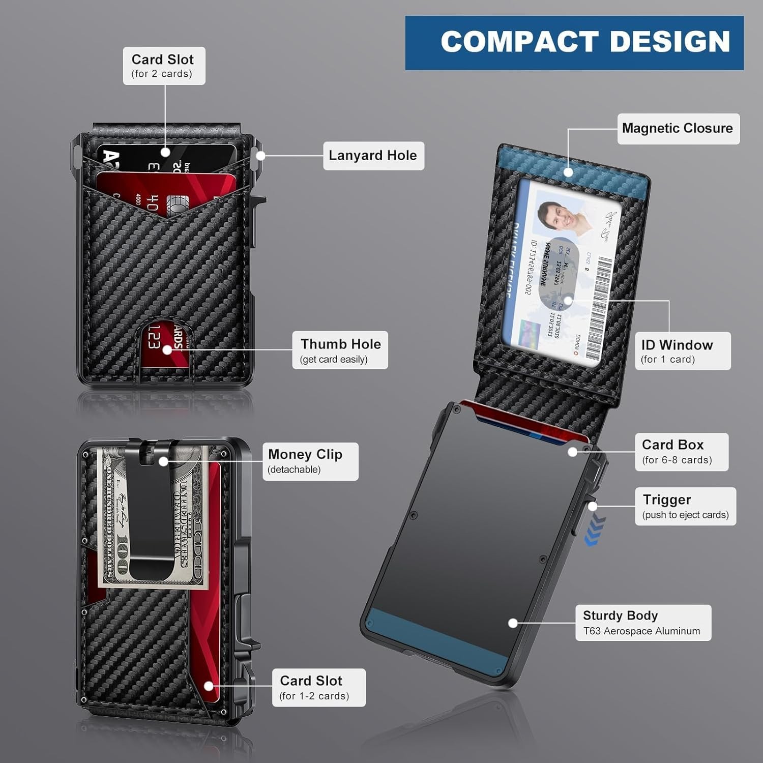 Slim Wallet with Money Clip & ID Window, RFID Blocking Smart Pop Up Card Wallet