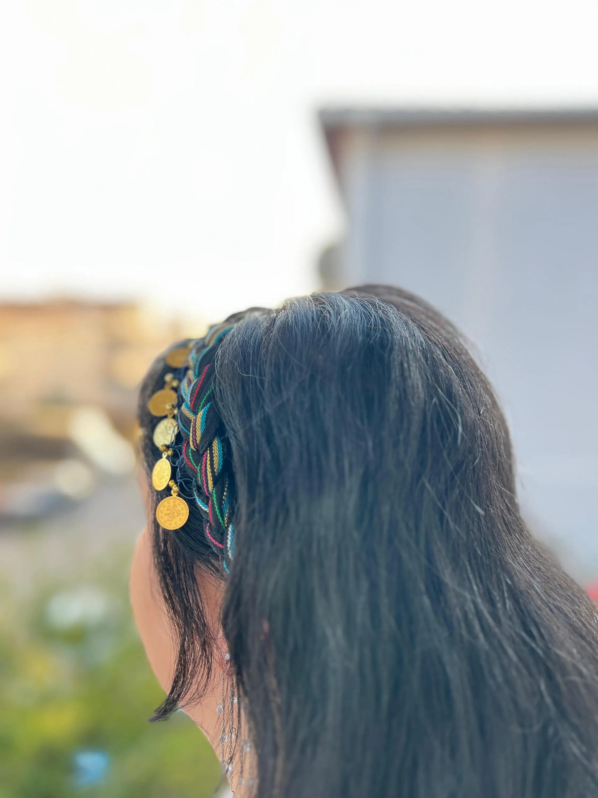 Bohemian Braided Hair Band with Gold Coin Charms Handmade Unique Boho Vintage