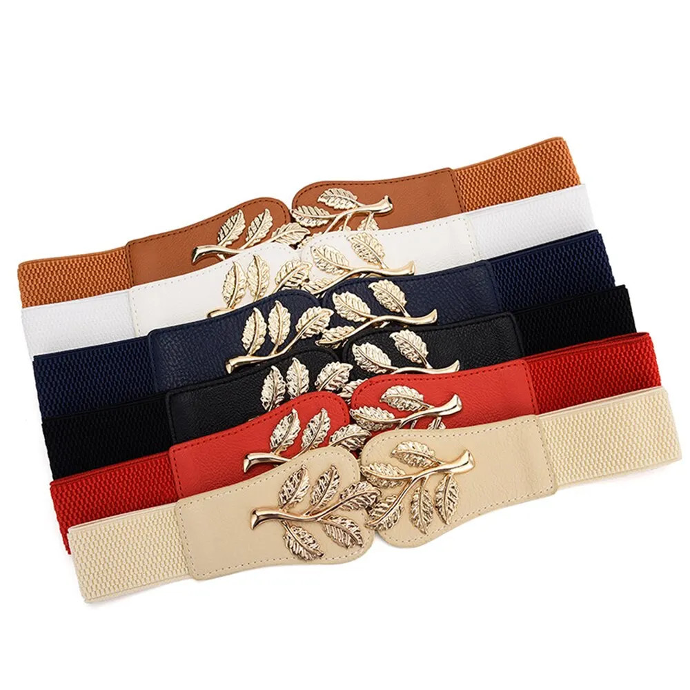 Gold Leaf Elastic Waist Belt for Women Wide Fashion Buckle Dress Skirt Us