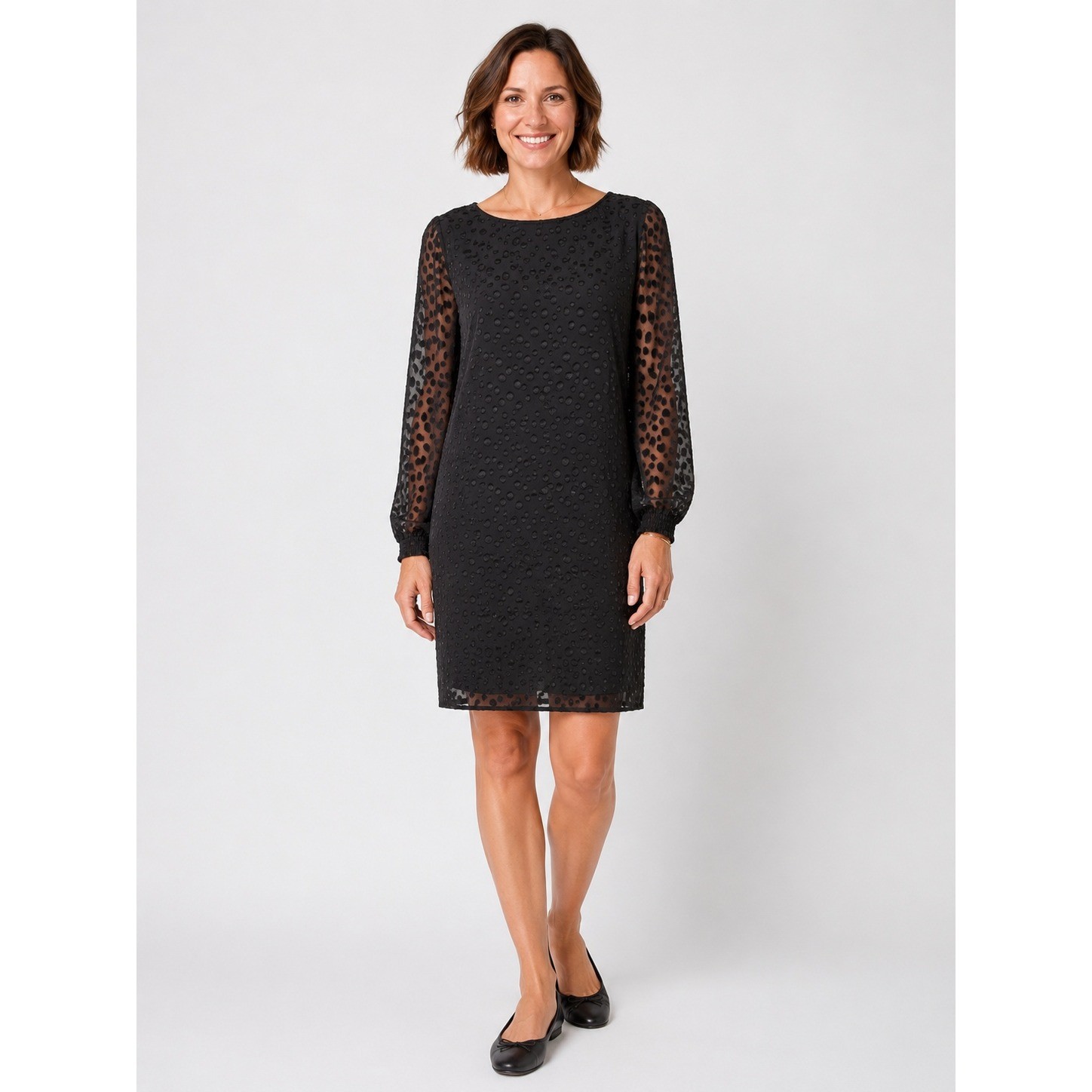 Ann Taylor Black Swiss Dot Sheer Sleeve Dress Size 6 Fully Lined