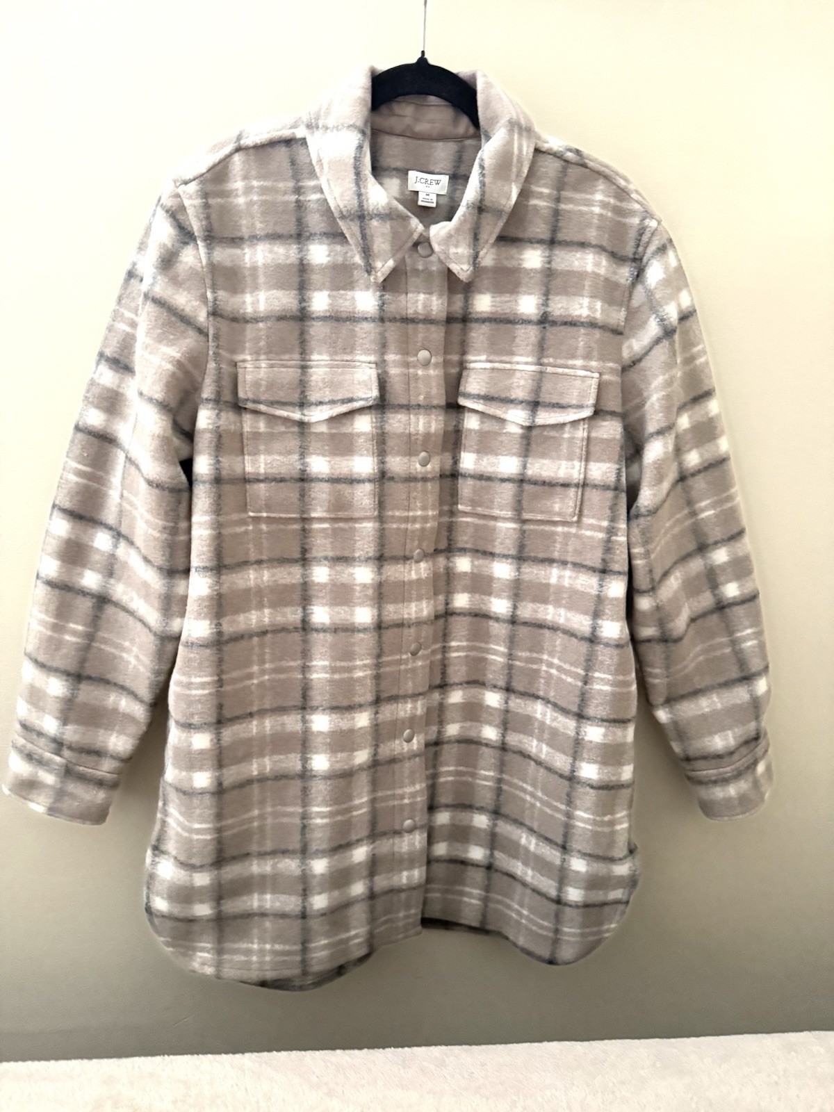 J.Crew Women’s Plaid Fleece Shirt Jacket Shacket Tan Beige Size M New With Tags
