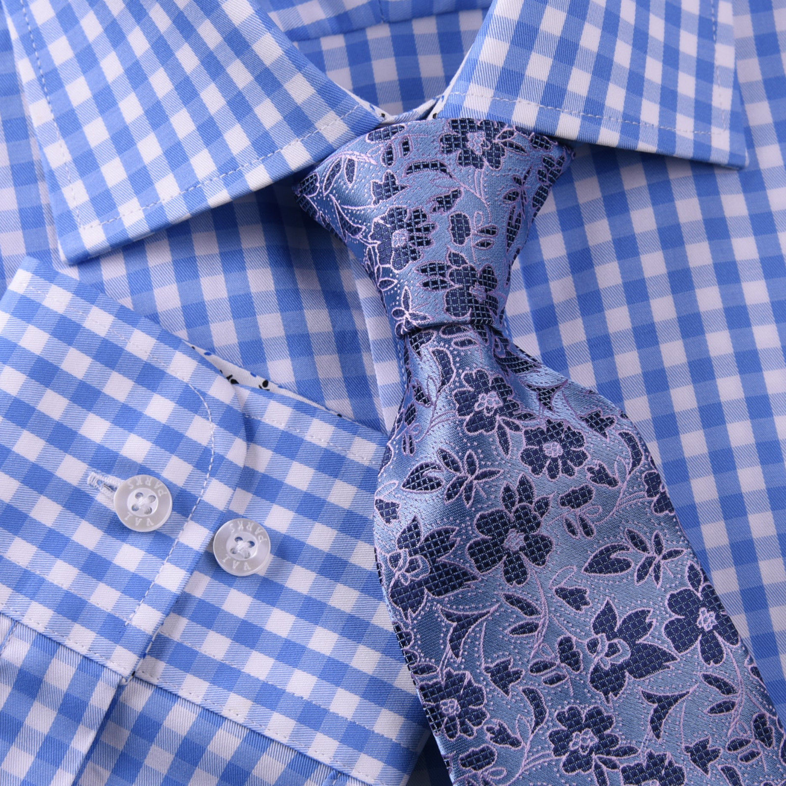 Blue Gingham Check Formal SLIM Dress Shirt Subtle Plaids Windmill inner lining