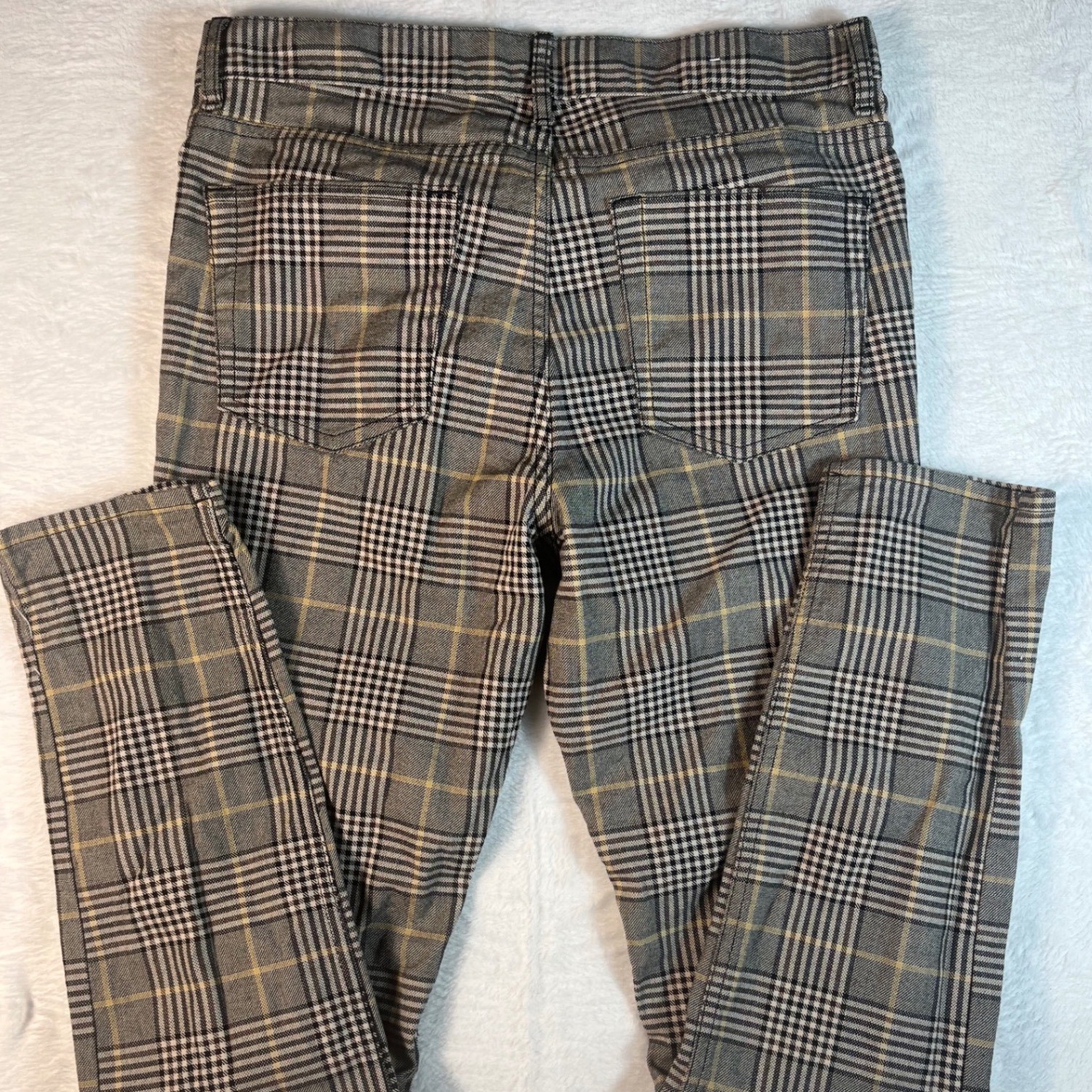 H&M Plaid Skinny Fit Pants Women US 30 Black Grey Yellow Checkered Preppy