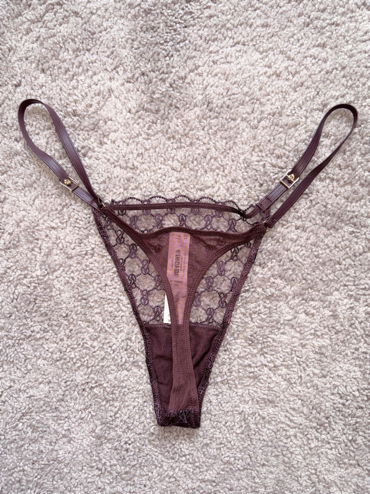 NWT – VICTORIA’S SECRET FAUX LEATHER LOGO MESH BUCKLE THONG STRING BIKINI PANTY