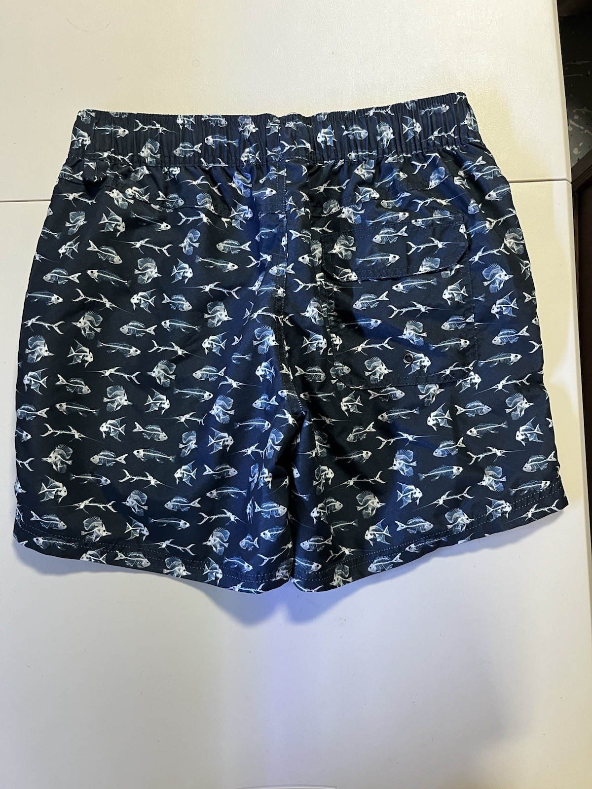 Men’s Beach Bros Swim Trunks Shorts Size M Blue/White Skeleton Fish Design