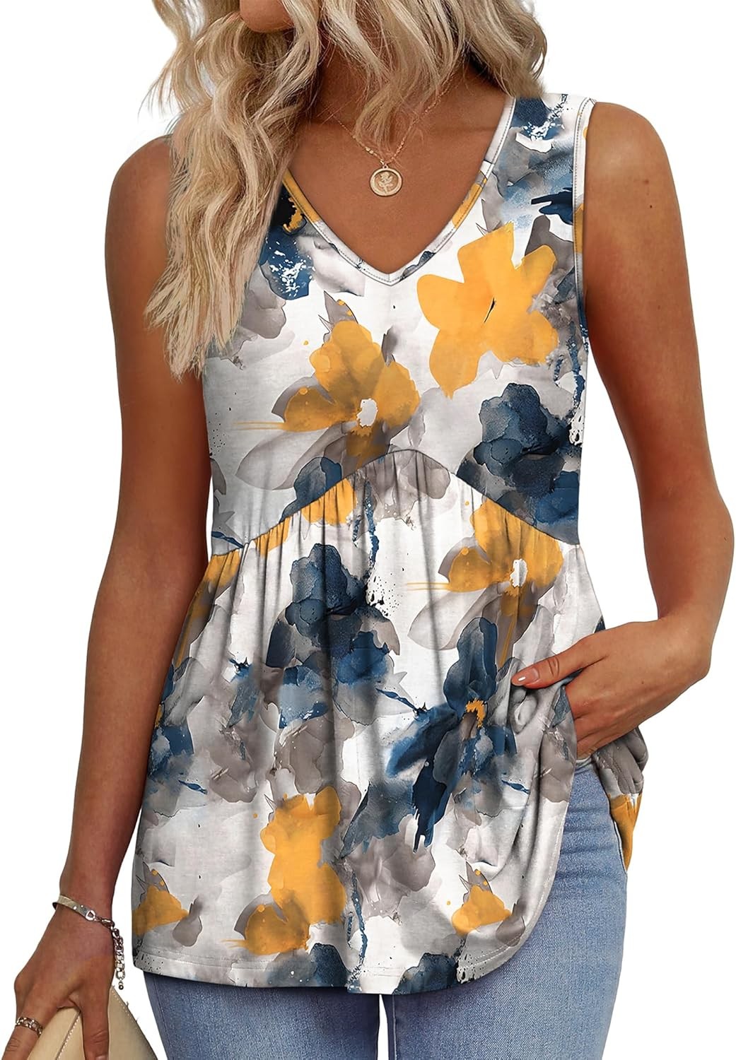 Womens Flowy Babydoll Tank Top Sleeveless V Neck Peplum Summer Casual Blouse