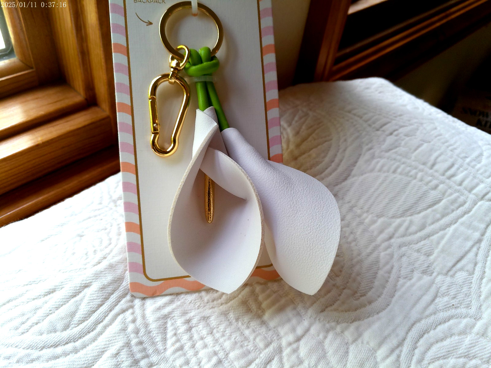 PIPER K BAG CHARM & KEY CHAIN CALLA LILLIES GOLD TONE RING & CARABINER DETAILED