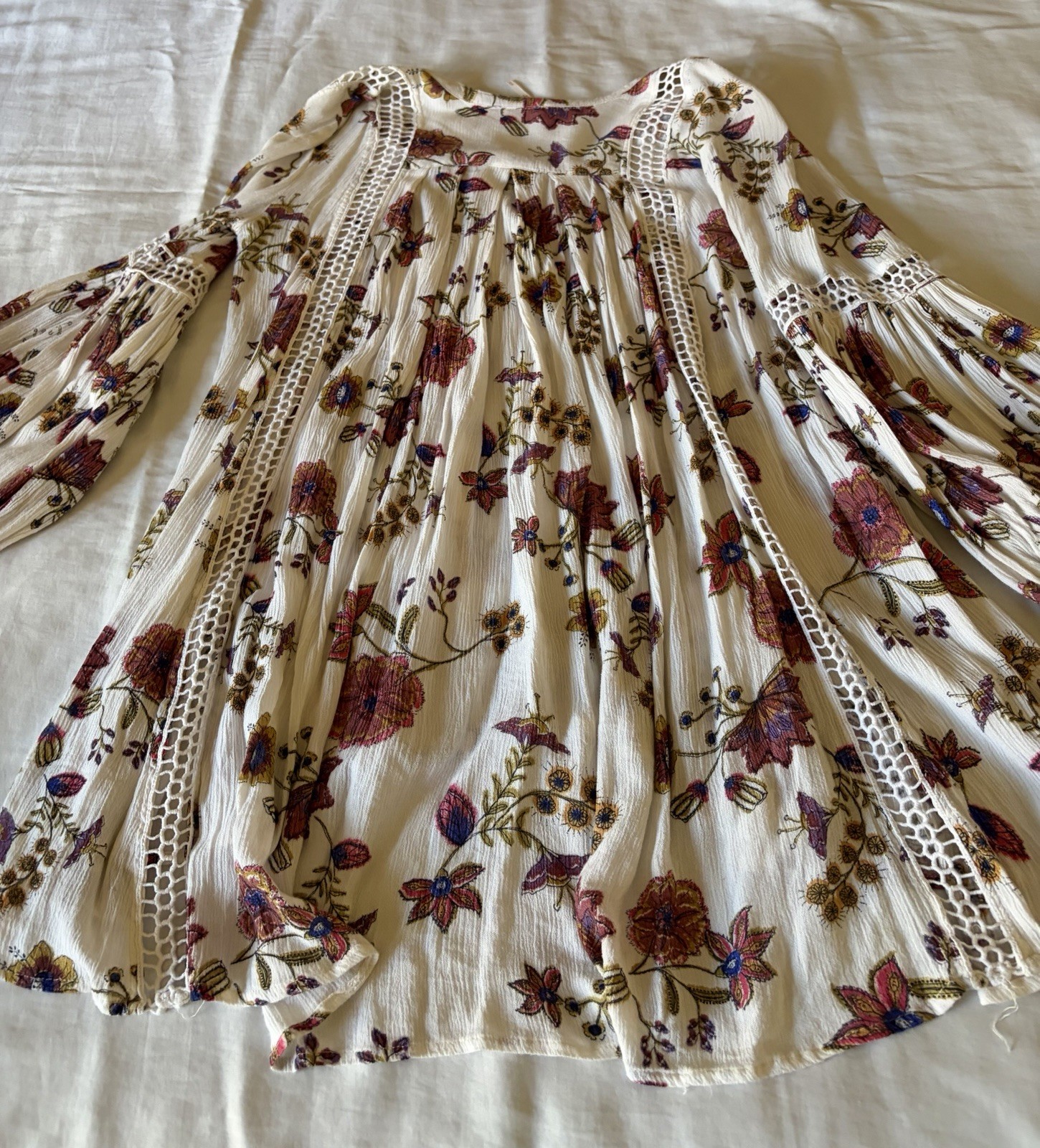 Free People Floral Boho Peasant Blouse V-Neck Balloon Long Sleeve Viscose Size S