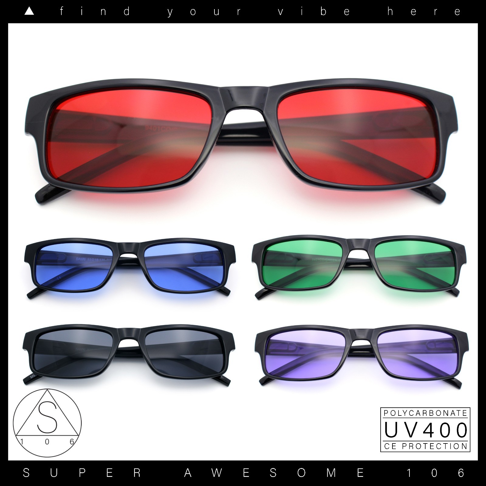 Mens New Small Face Snug Fit Color Lens Rectangular Plastic Frame Sunglasses