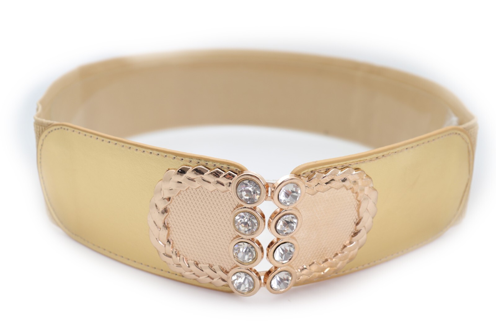 Women Gold Color Elastic Waistband Fabric Strap Fashion Belt Metal Buckle S M