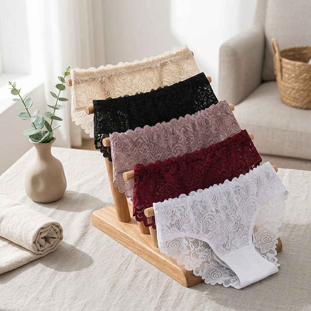 5Pcs Lace Trim Hollow Cotton Underwear Set, Breathable Soft Low Waist Panties