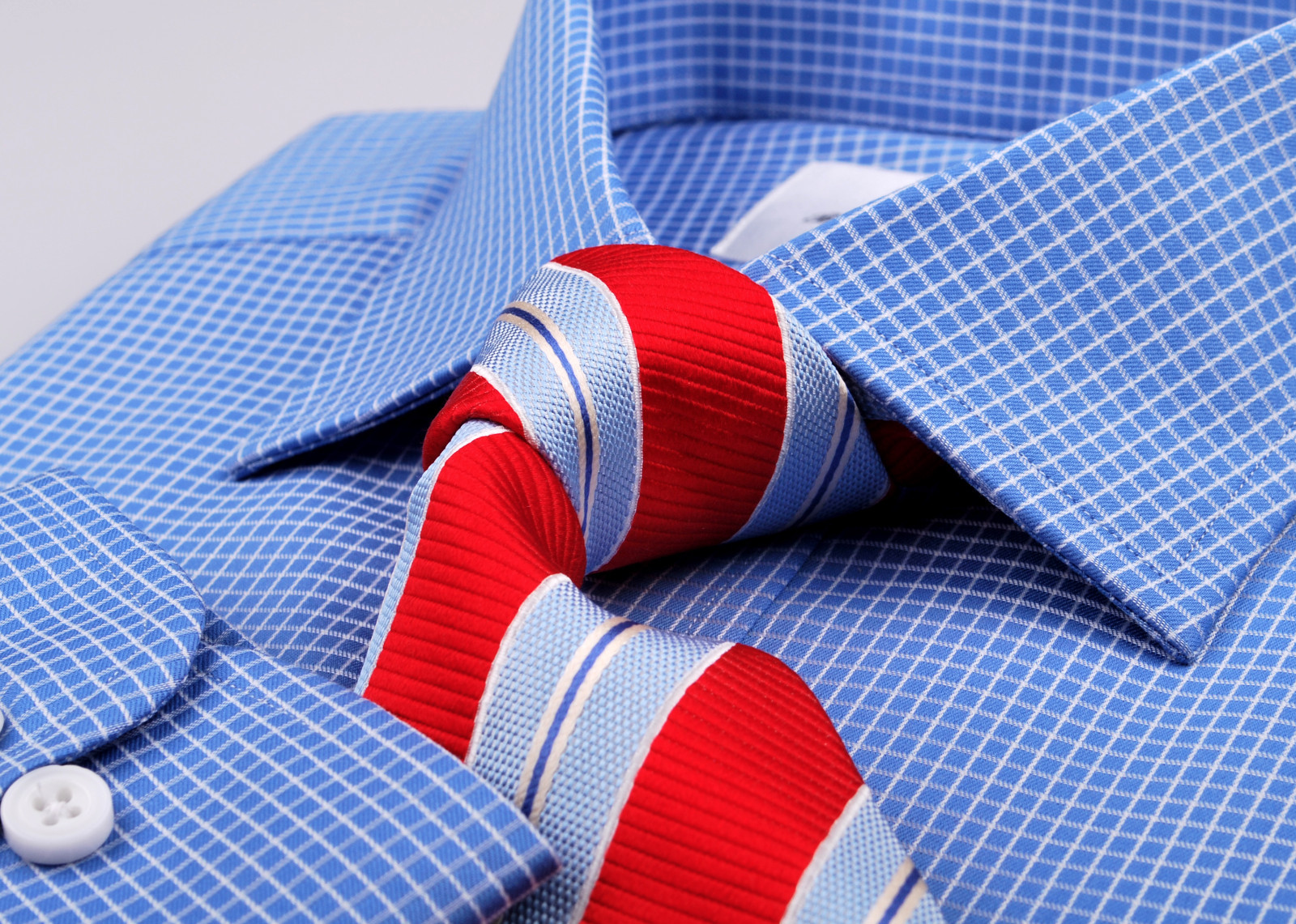 Blue Checkered Dress Shirt Luxury Business Button Cuff Soft Easy Iron Fabric