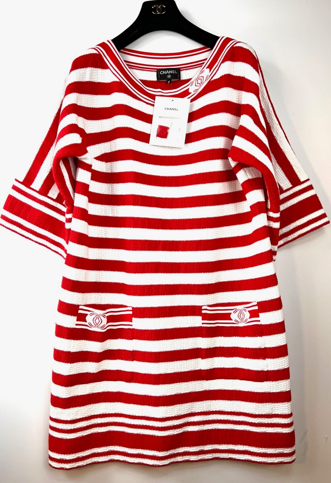 4.8K New Chanel 2019 White Red Stripe Dress 40 42 44 8 10 12 Logo Jacket S M L