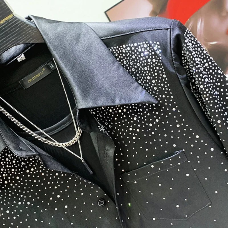 New Luxury Men Diamond Rhinestones Fashion Button-Down Black Shirt High Quality