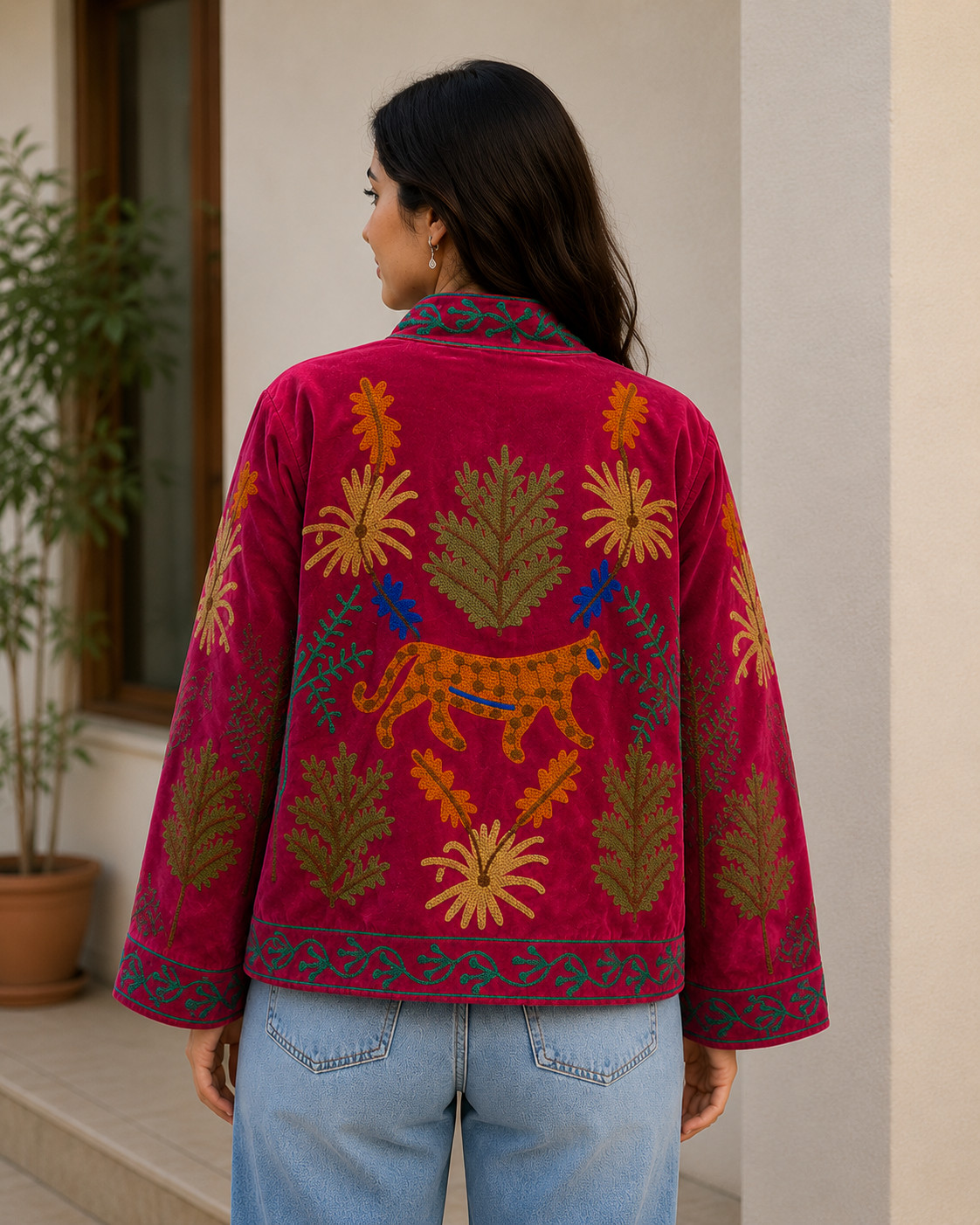 Pink Velvet Suzani Jacket Leopard Animal Embroidered Ethnic Women Boho Coat US