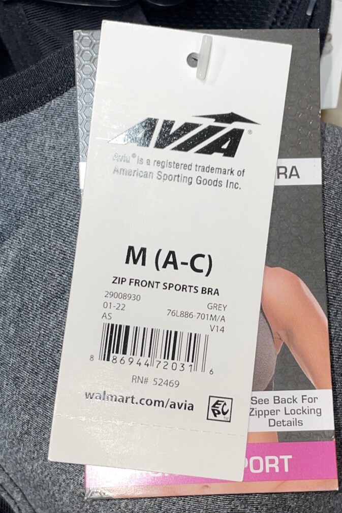 NWT Womens Avia Black & Grey Heather Zip Front Seamless Sports Bra Size Medium