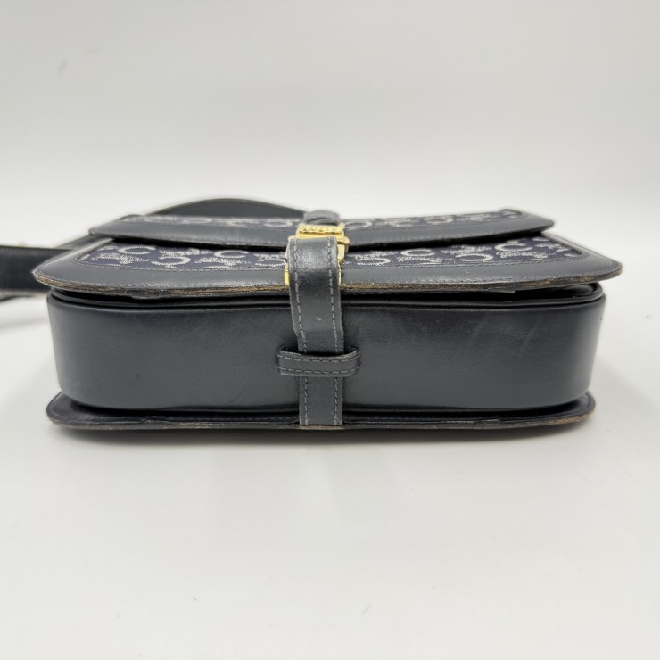 CELINE Sulky C Macadam Vintage Shoulder Bag Navy Canvas and Leather Gold-ton…