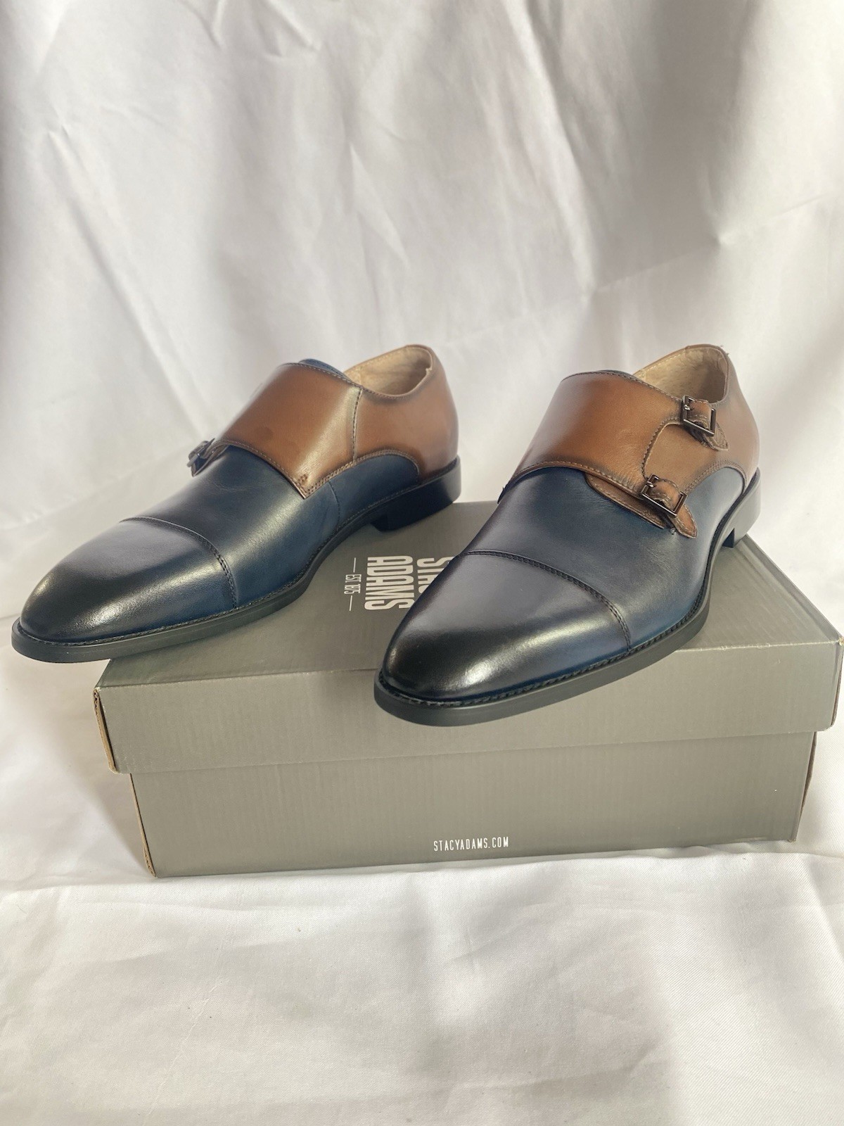 Stacy Adams Raythorne Cap Toe Double Monk Strap Navy Brown Leather Oxford Men 11