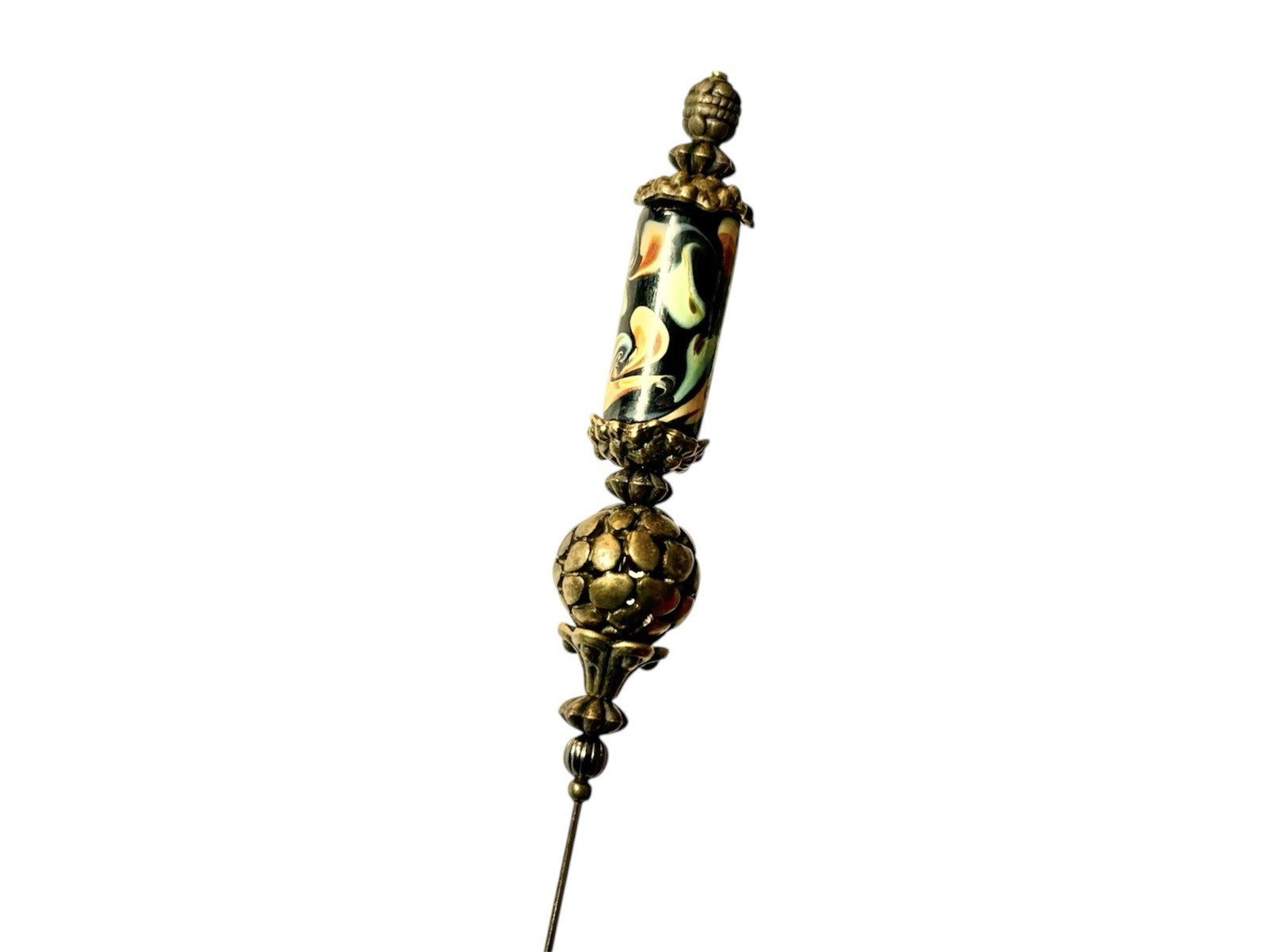 Hatpin with Vintage Tibetan Design & antique Bronze & Hand Made Artisan Ceramic