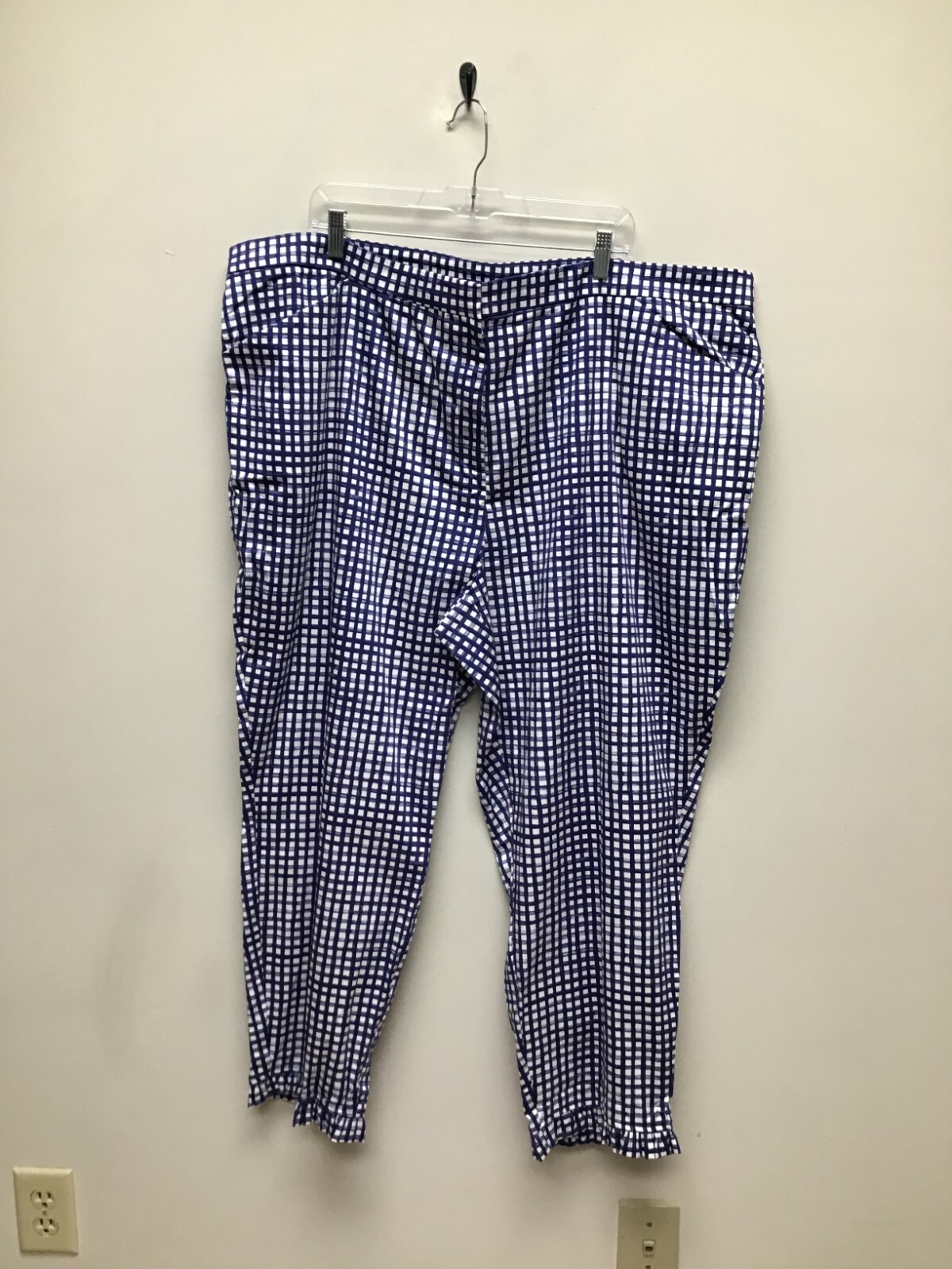 Dennis Basso Womens Blue Gingham Plaid Ruffled Hem Straight Leg Ankle Pants 26W
