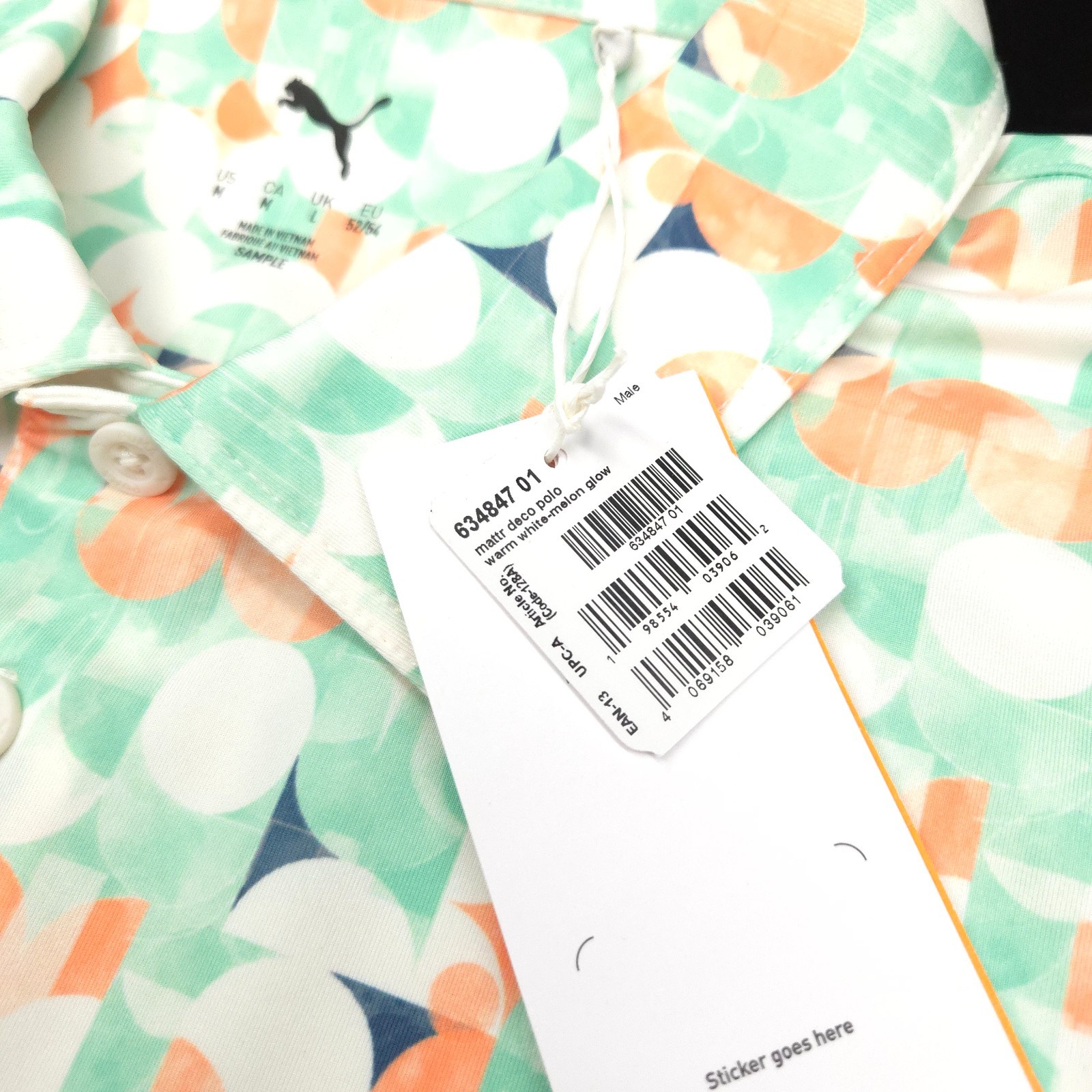 Puma Golf Polo Shirt Mens -M- White Orange Green Geometric PERFORMANCE Athletic