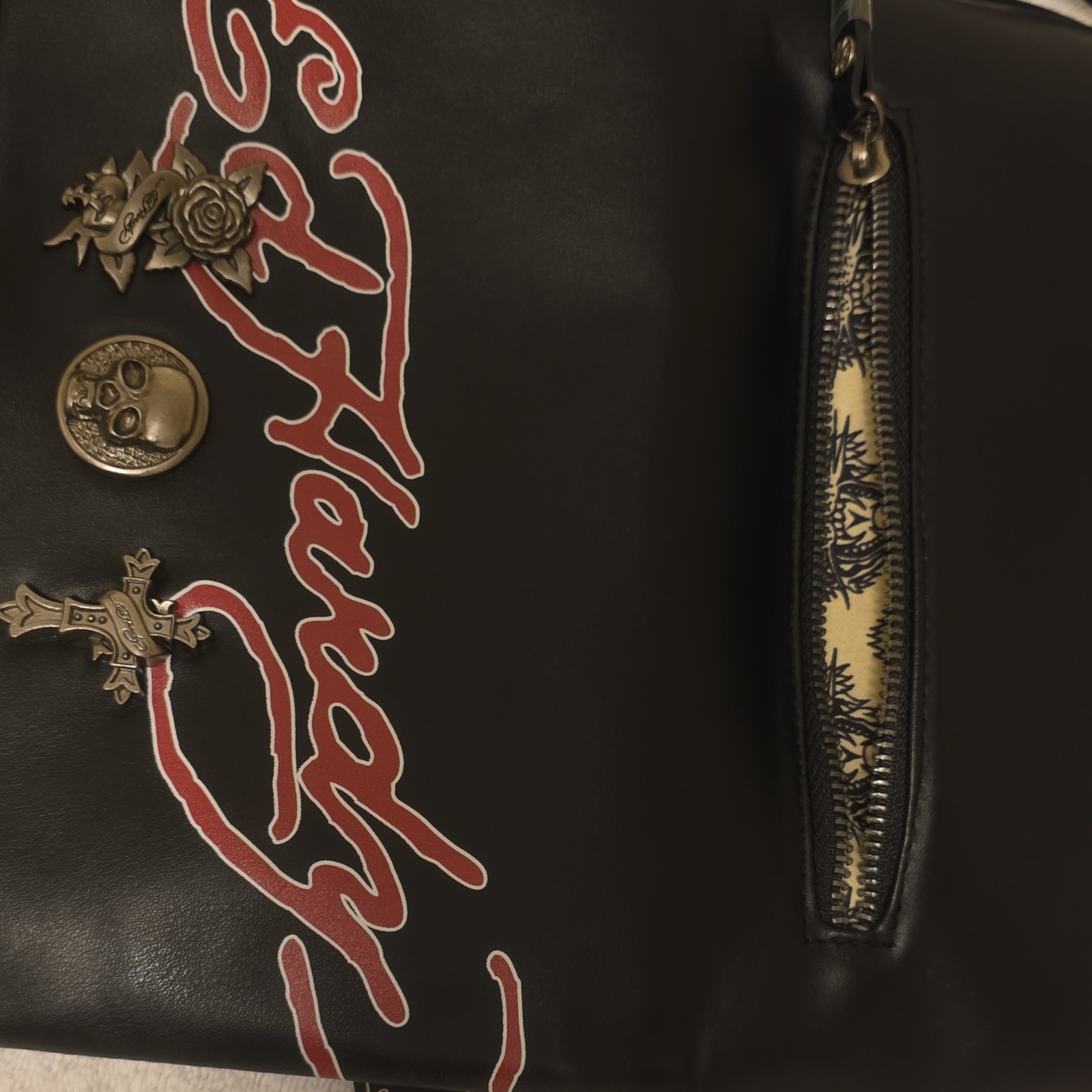 Ed Hardy Black/Red Logo Skull Crossbody Bag Zip, Detachable Strap Pockets
