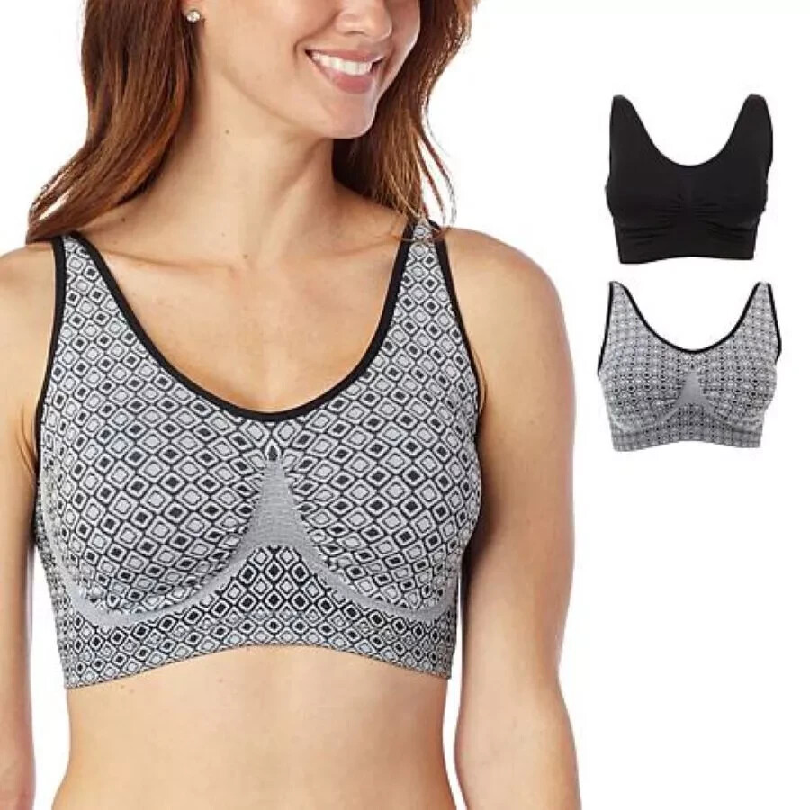 Rhonda Shear 2pack Seamless Jacquard Ahh Bra with Removable Pads, GEOBLK, Medium
