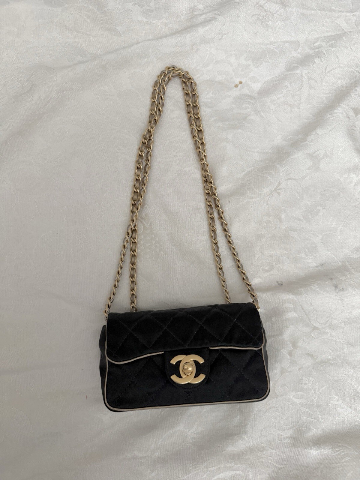 Vintage Chanel Extra Mini Satin Flap Bag Black Gold Chain Crossbody Rare