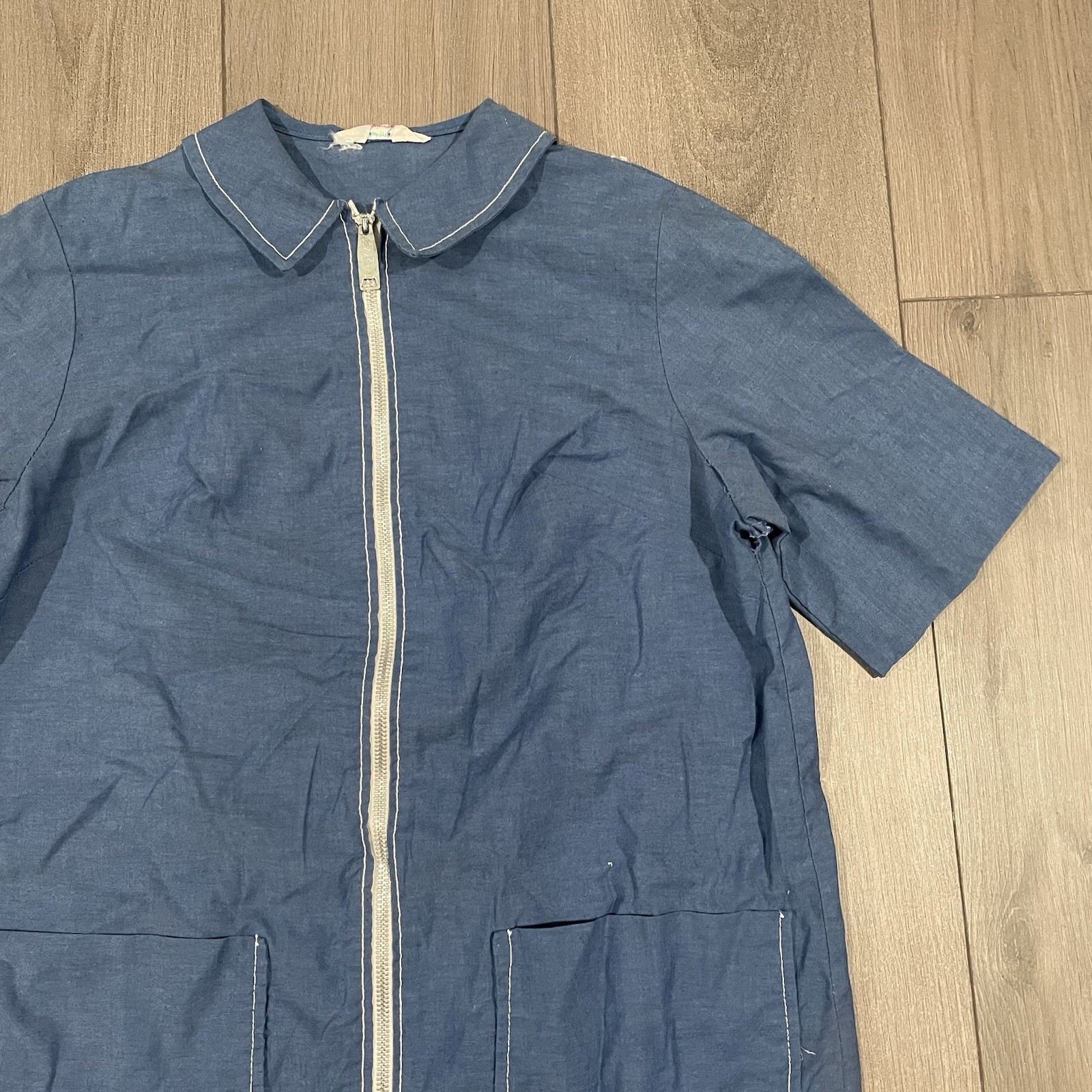 Vtg 50s Penneys Gay mode Chambray Full Zip Collared Dress Cottage Lounge S/MD