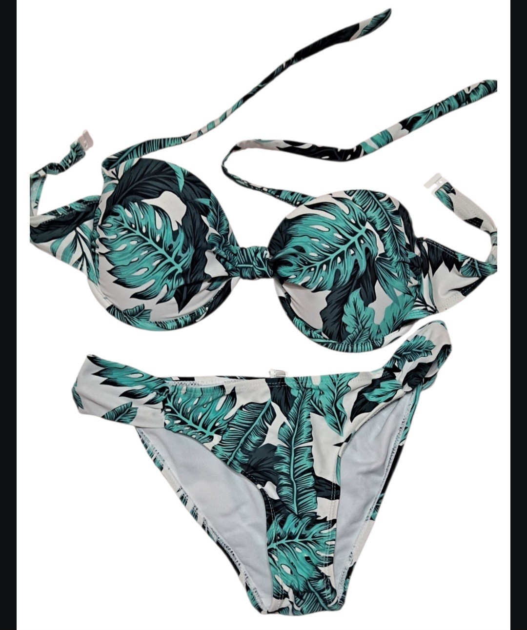 Women’s 2-Piece Tropical Leaf Bikini Set Halter Adjustable M C Cup