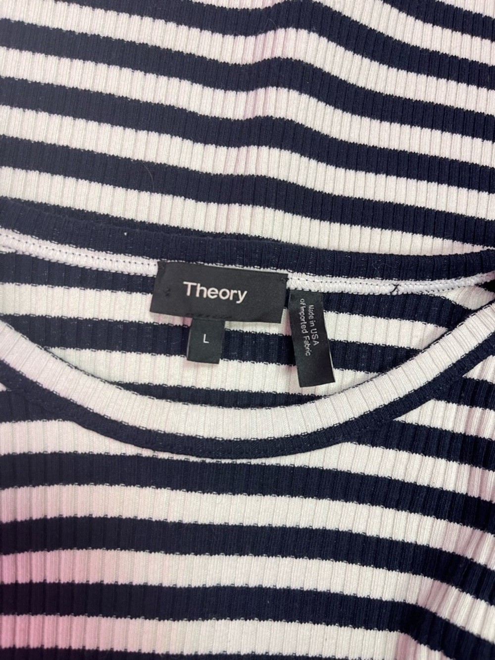 Theory Tiny Striped Ribbed Knit Long Sleeve Tee Black White Women’s Large
