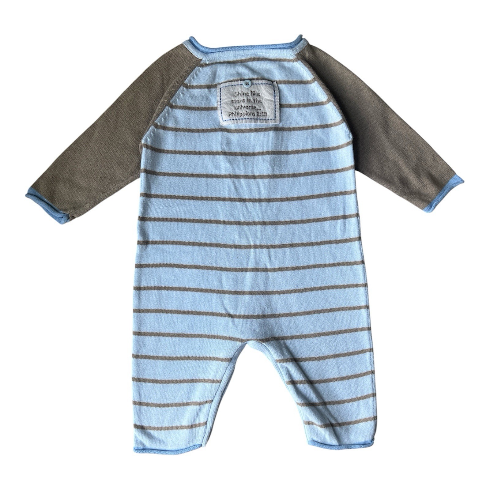 His Gem Baby Striped Knit Coverall One-Piece 6/9M Blue Brown Star Applique Snap