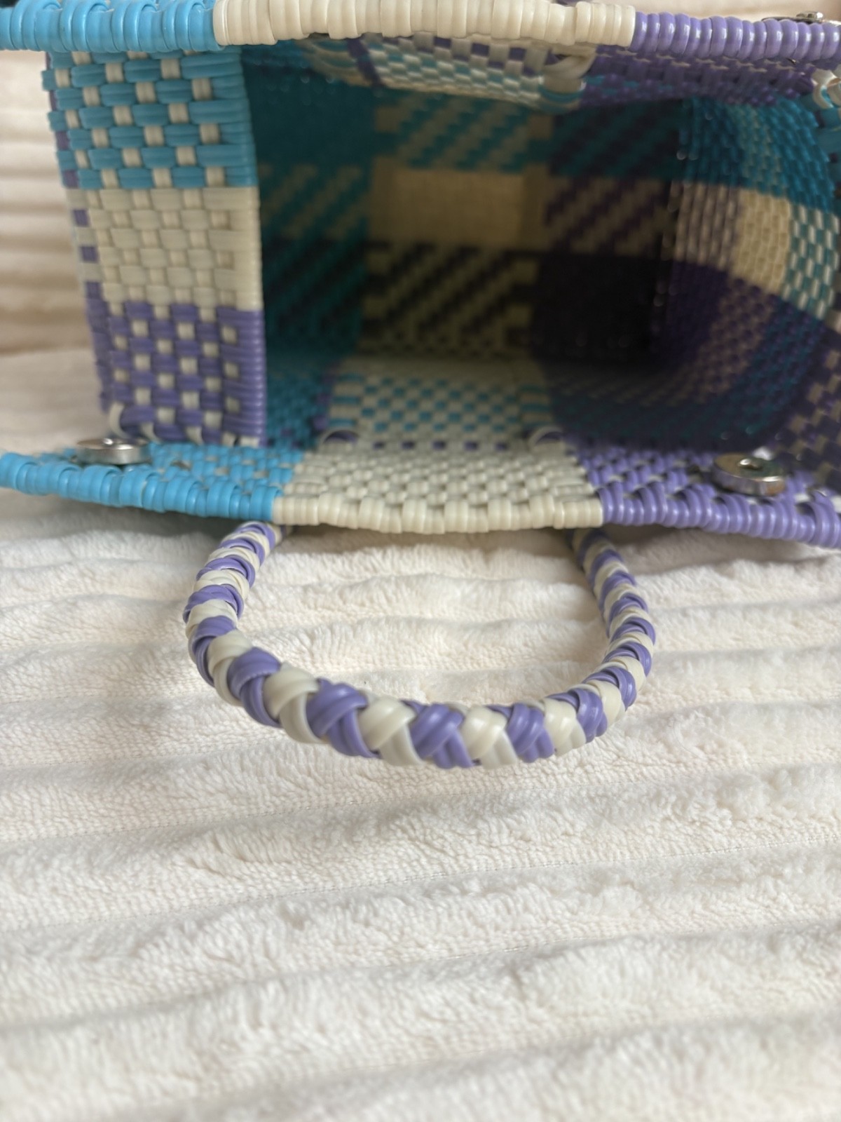 Handmade Mexican Plastic Tote Bag with Geometric Braided Handles