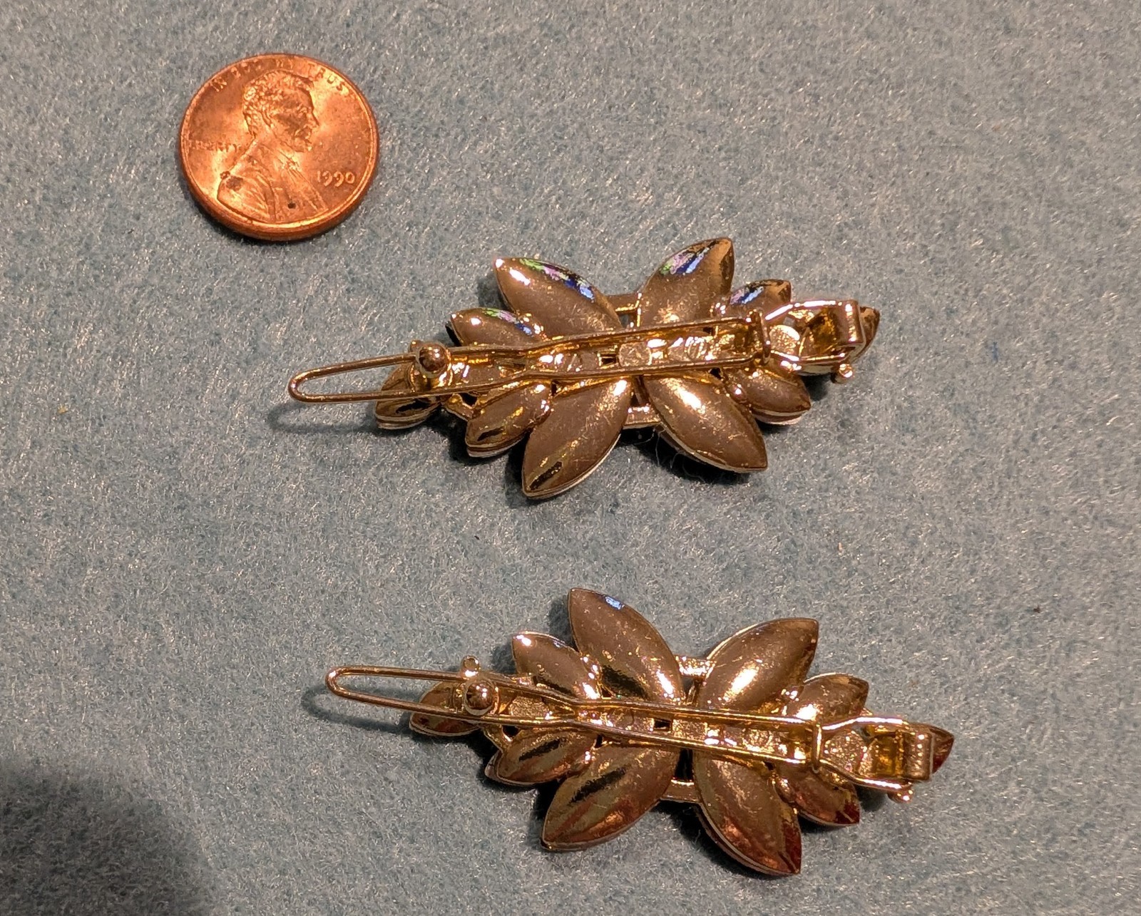 Gold Tone Metal Floral Rhinestone Barrette Hair Clips Lot of 2 Women
