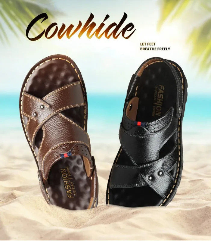 Summer Men Leather Sandals Genuine Leather Non-slip Men Shoes Slippers