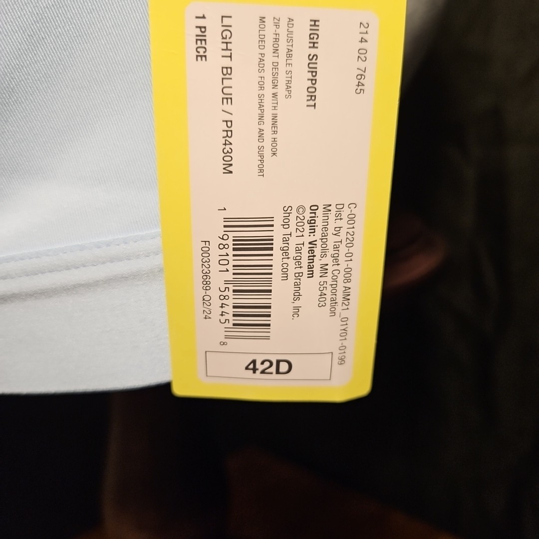 NWT Sports Bra All-in-Motion Active High Support Front-Zip Lt Blue Size 42D