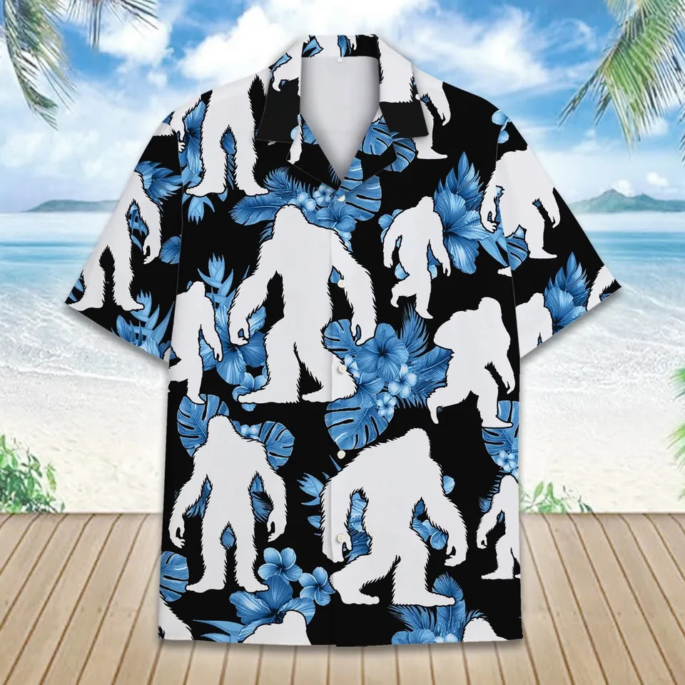 Bigfoot & Blue Flowers Hawaiian Shirt – Gift For Friends