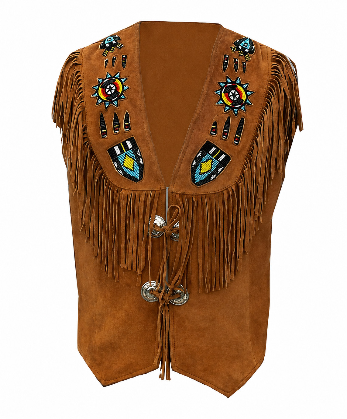 Men’s Western Cowboy Suede Leather Vest Native American Fringe Beaded Waistcoat