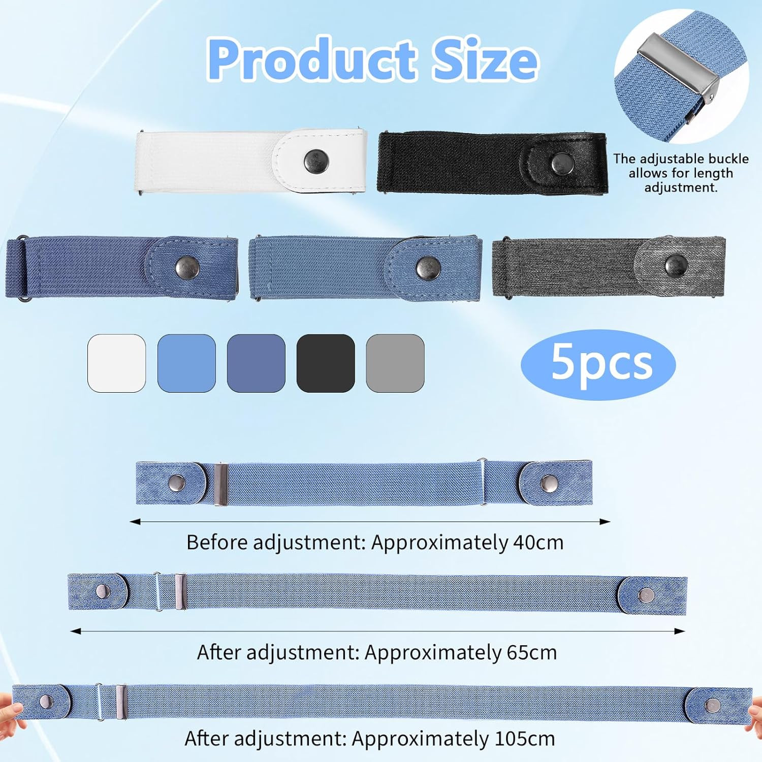 5Pcs No Buckle Stretch Belt for Women and Men Elastic Waist Belt, Comfortable
