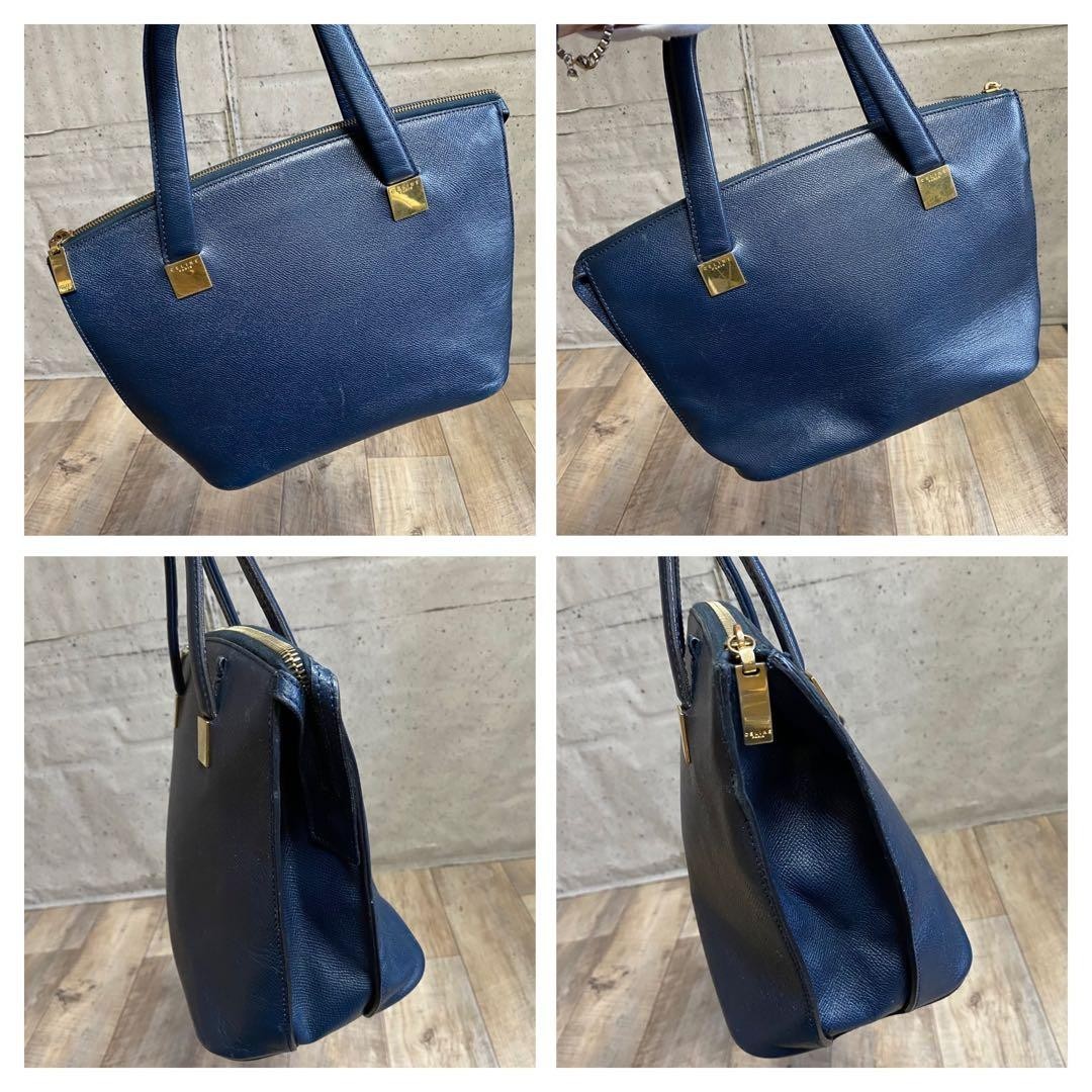 CELINE Authentic Vintage Navy Leather Tote Handbag Gold Logo Zip Top Bag
